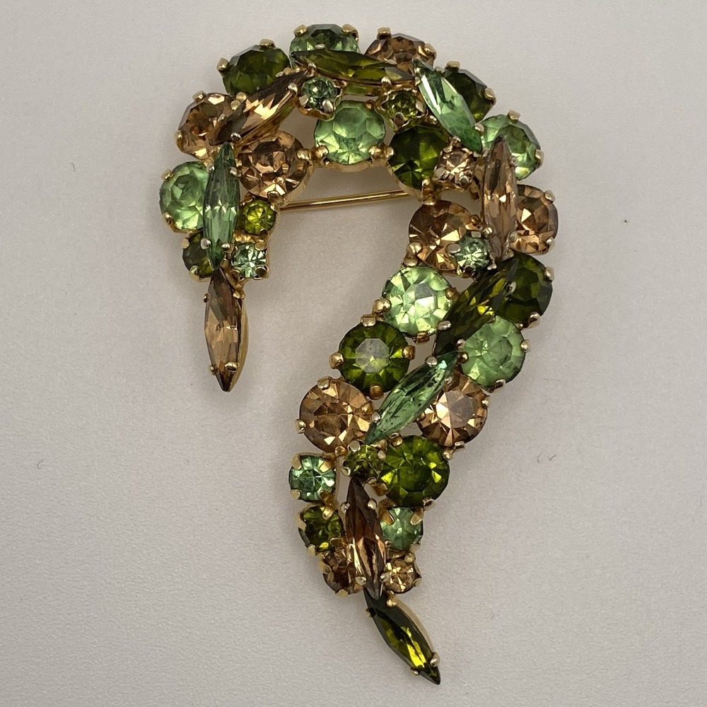 Unsigned Gold Tone Crescent Question Mark Brooch 1960s Olivine Amber OS